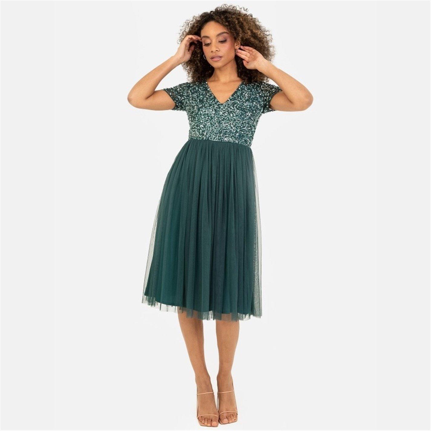 Maya Deluxe Maya Emerald V Neckline Embellished Midi Dress